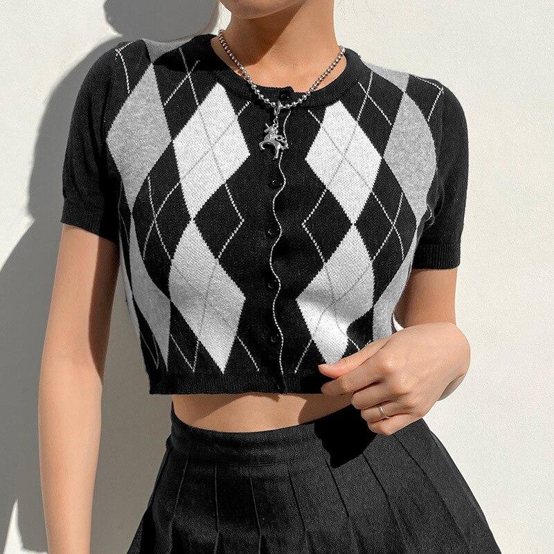 90s GRUNGE OLD STYLE KNITTED PLAID CROP TOP-WOMAN CROP TOP-Maverick Feather