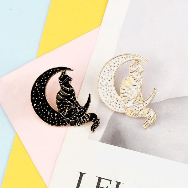 BLACK AND WHITE MOON CAT PINS - Maverick Feather