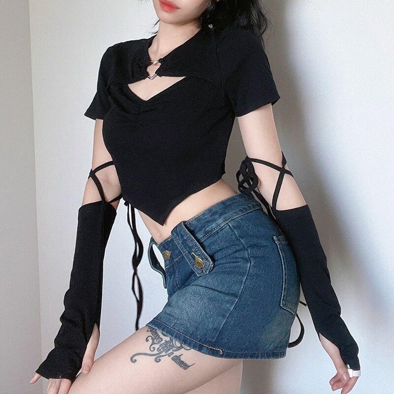 GOTH HOLLOW OUT LACE UP BLACK CROP TOP - Maverick Feather