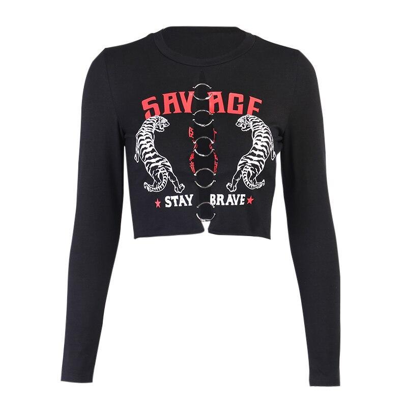 GOTH SAVAGE STAY BRAVE LONG SLEEVE HOLLOW OUT BLACK CROP TEE - Maverick Feather