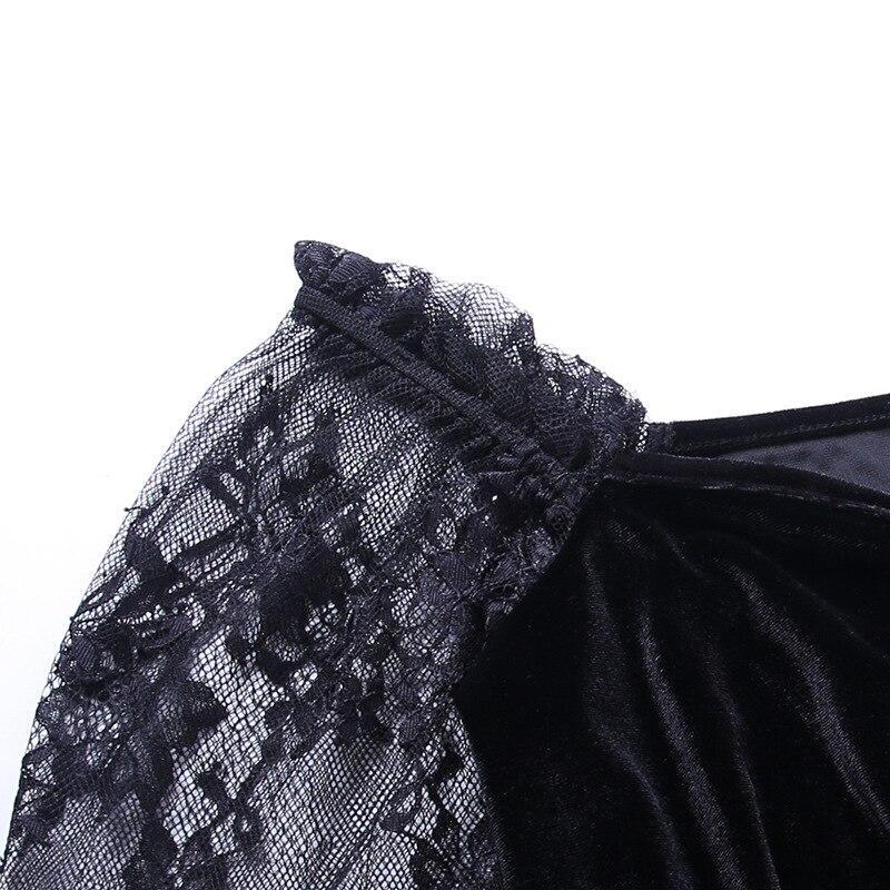 GOTH VELVET LONG SLEEVE LACED BLACK MINI DRESS - Maverick Feather