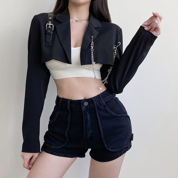 GOTHIC CHAINED BUCKLE BLACK CROP TOP-WOMAN CROP TOP-Maverick Feather