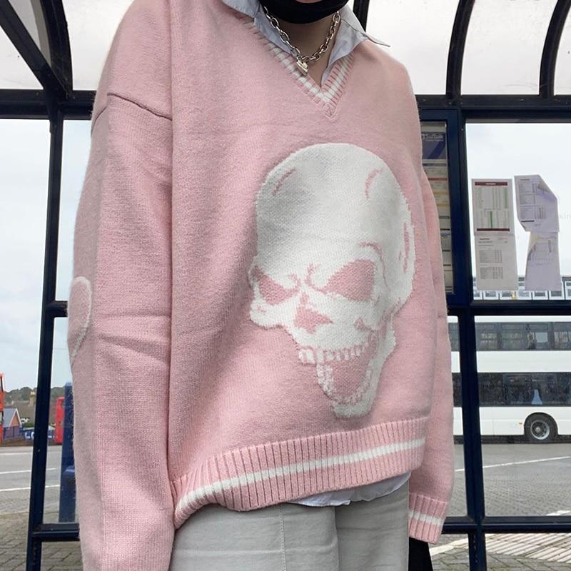 GRUNGE KNITTED SKULL PRINTED LOOSE SWEATER