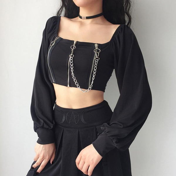 GRUNGE OFF SHOULDER CHAINED CROP TOP-WOMAN CROP TOP-Maverick Feather