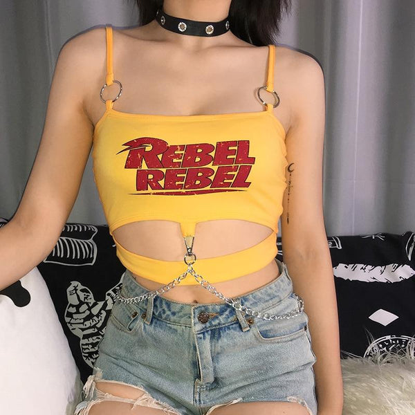 PUNK ROCK HOLLOW OUT REBEL PRINTED CHAINED YELLOW CROP TOP - Maverick Feather