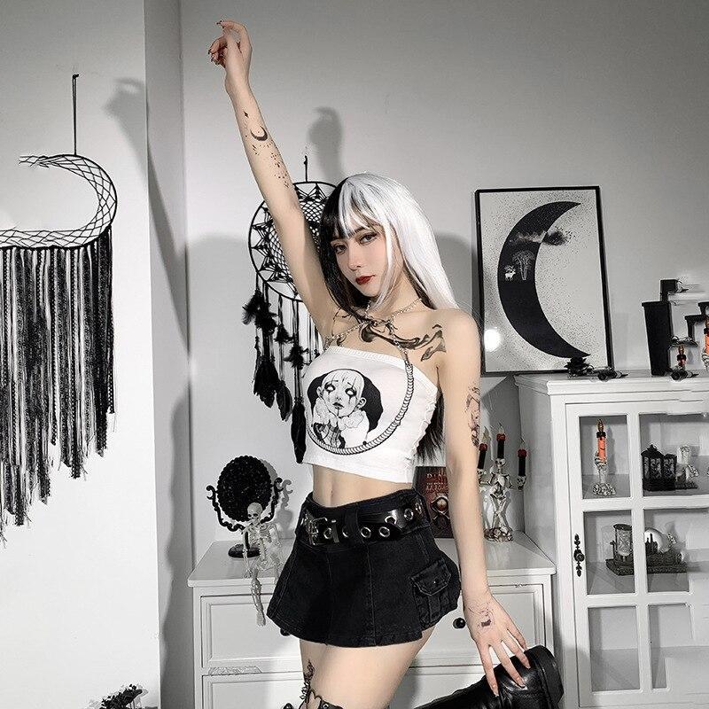 PUNK ROCK PRINTED CHAINED WHITE CROP TOP - Maverick Feather