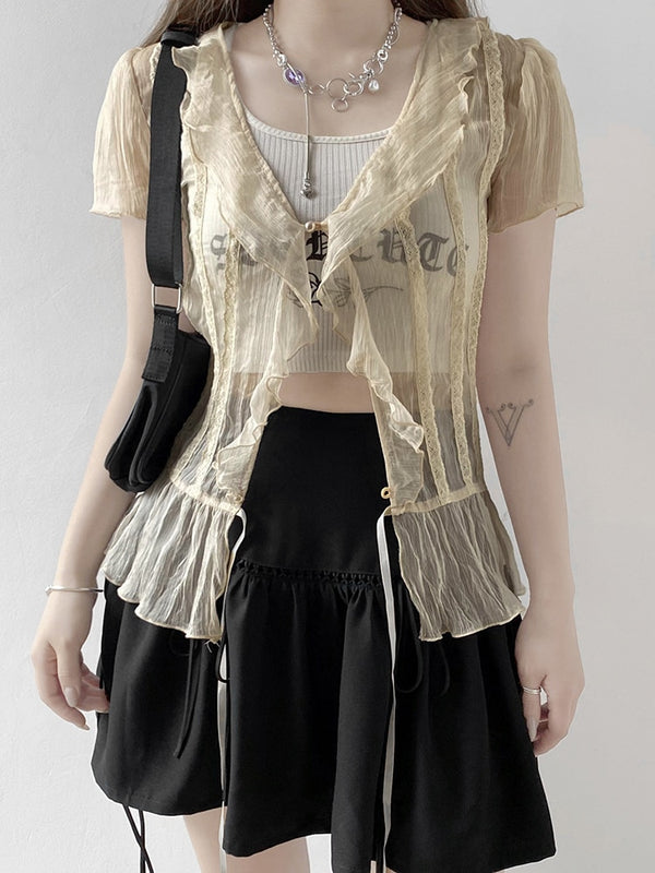 SOFT GRUNGE RUFFLE TRANSPARENT FRONT BUTTONED YELLOW TEE-WOMAN TEE-Maverick Feather