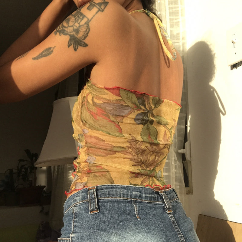 SOFT GRUNGE FLORAL BACKLESS YELLOW CROP TOP Maverick Feather