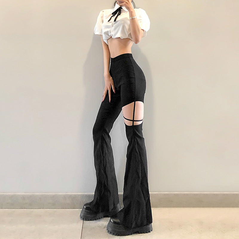 GOTH HIGH WAIST HOLLOW OUT FLARE BLACK PANTS-Maverick Feather